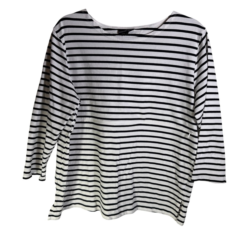 Nursing Queen XL Striped Nursing Top Black White 3/4 Sleeve Maternity Shirt